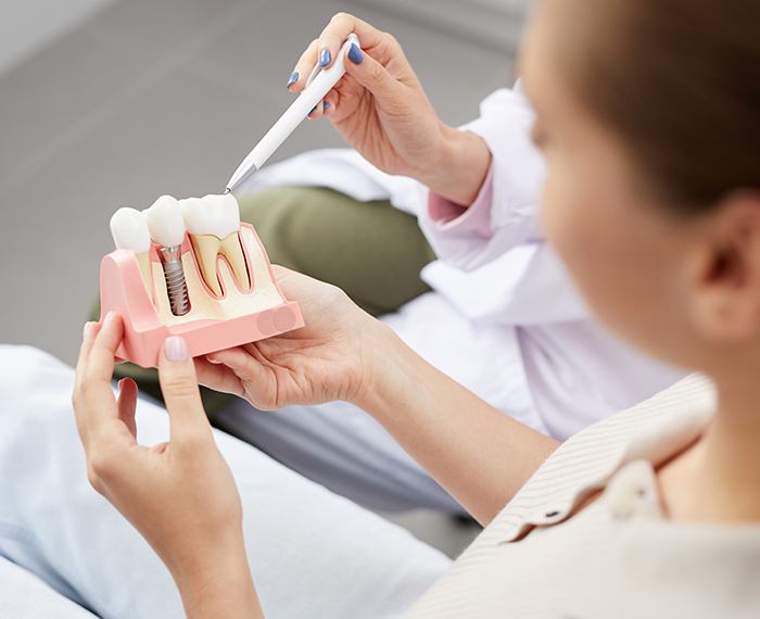 Dentist and patient looking at dental implant model