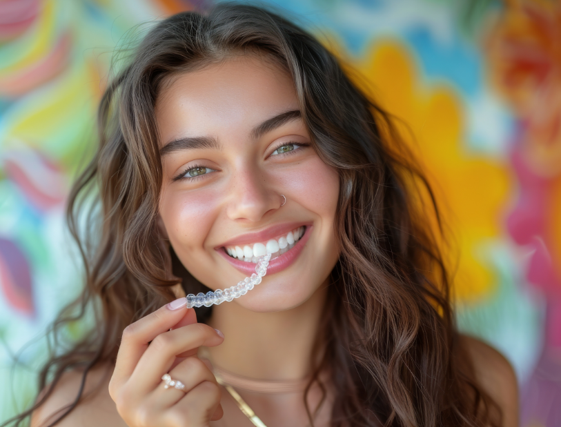 Girl holding Invisalign clear aligner